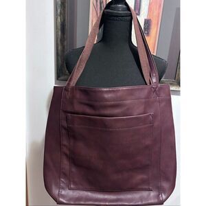 Retro Large Capacity Tote Shoulder Bag Burgundy Large Front Pocket Faux Leather
